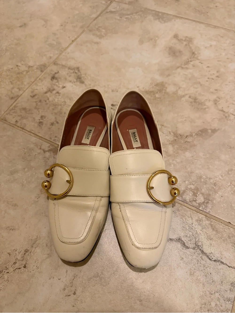 Bally Cream Leather Loafers with Gold Ring Accent